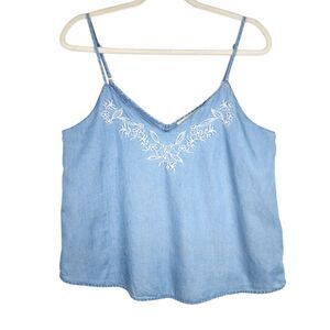 Sweet Wanderer Blue Denim Lyocell Embroidered Tank Top Spaghetti Straps Size L